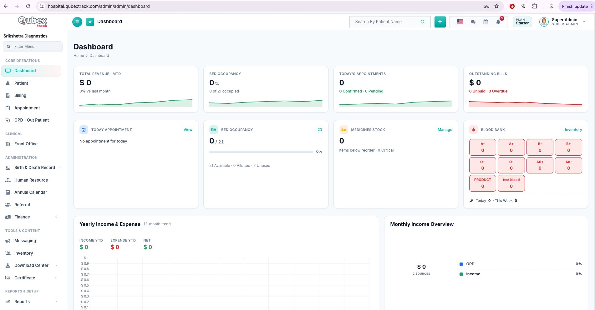 QubexTrack hospital and clinic management — OPD, IPD and billing dashboard