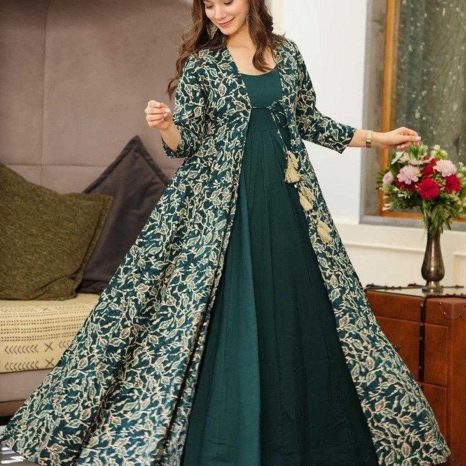 Dark Green floral printed anarkali kurti - Ample To Buy