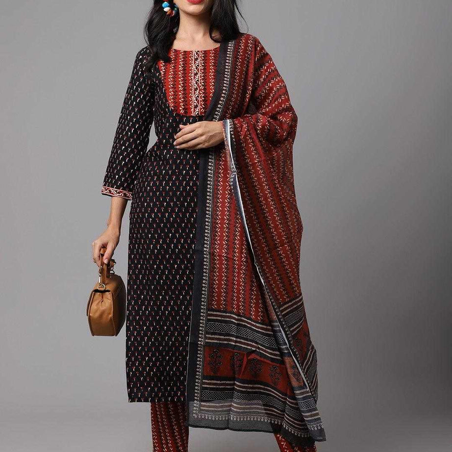 Black & Red Printed Fancy Kurti With Bottom Dupatta setBlack & Red Printed Fancy Kurti