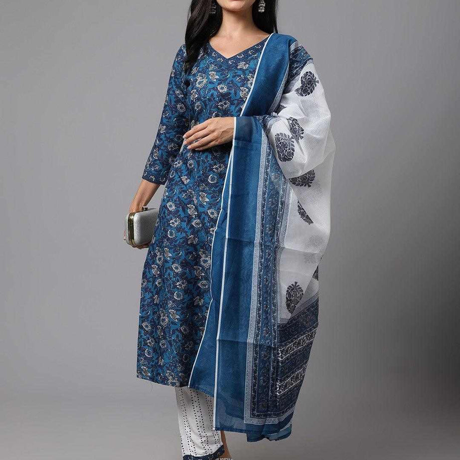 Dark Blue & White Printed Fancy Kurti With White Bottom & Dupatta setDark Blue & White Printed Fancy Kurti