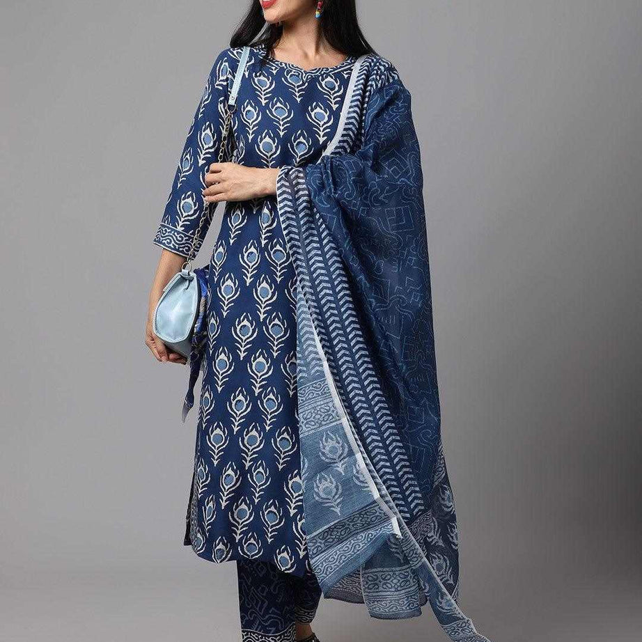 Neavy Blue Printed Fancy Kurti With Neavy Blue Bottom & Dupatta set - Ample To Buy