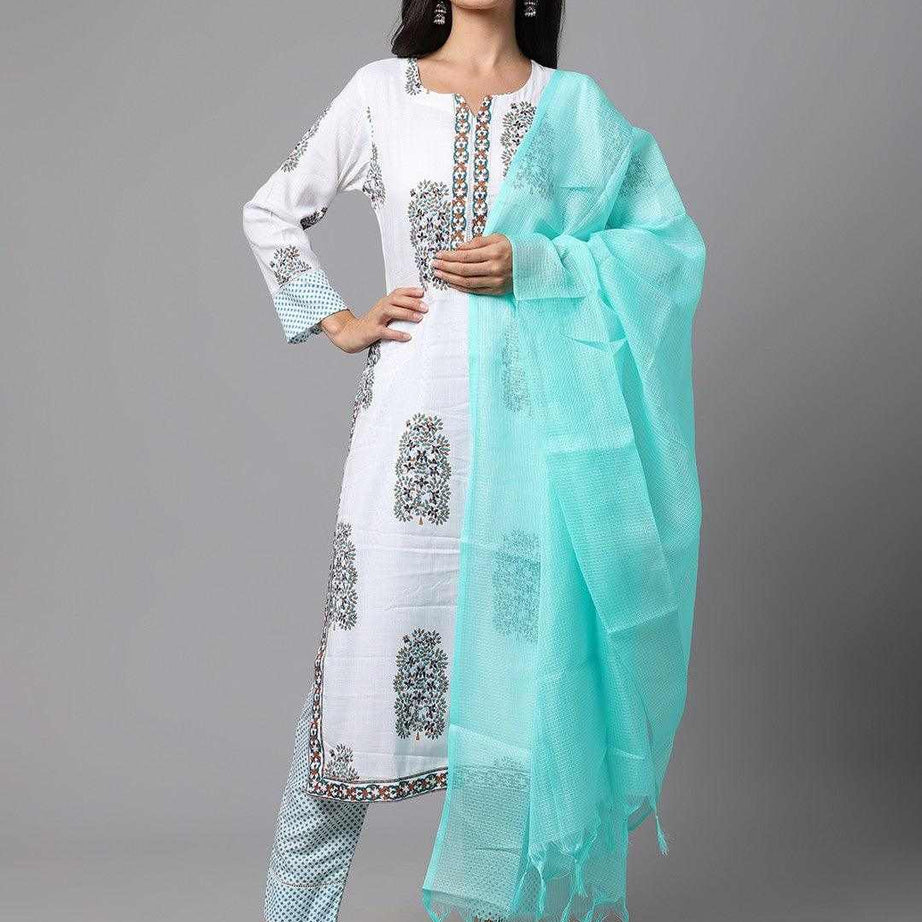 White Printed Fancy Kurti With Cyan Bottom & Dupatta set - Ample To Buy