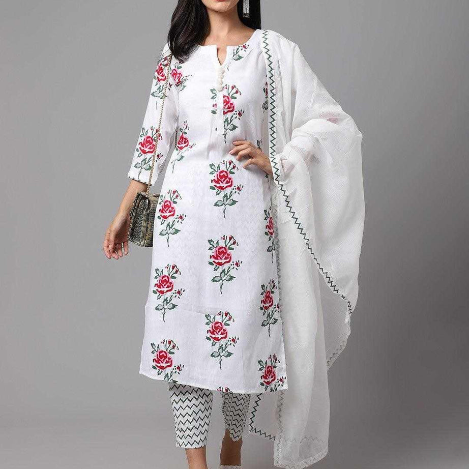 White Floral Printed Fancy Kurti With Bottom & Dupatta set - Ample To Buy