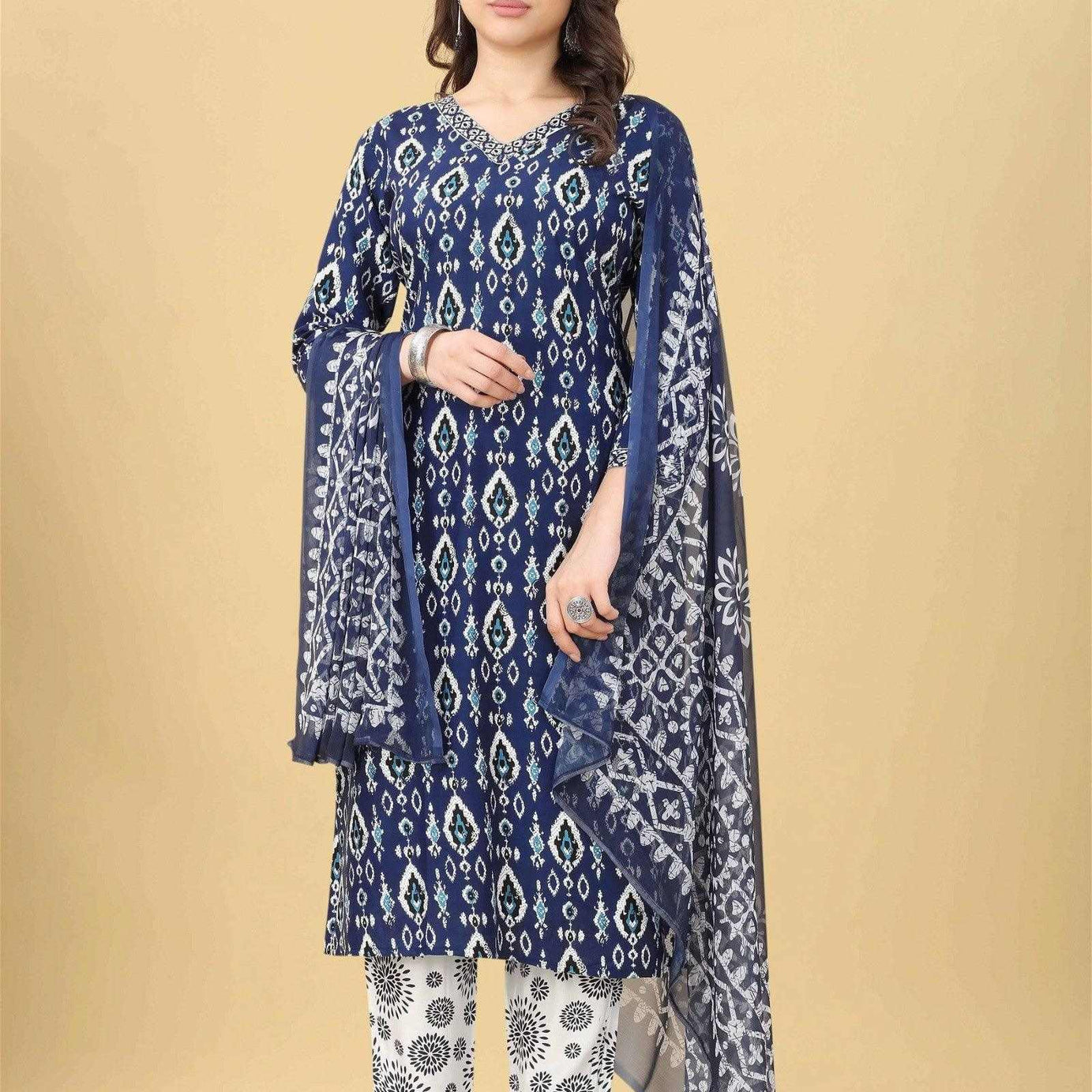 Blue Printed Fancy Kurti With Bottom Dupatta SetBlue Printed Fancy Kurti