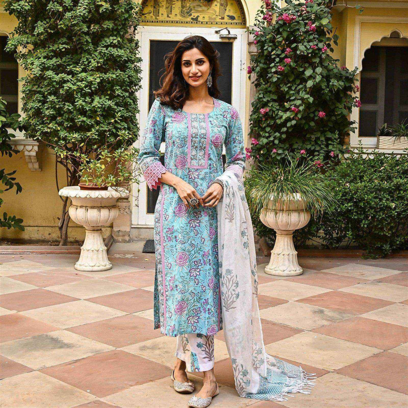 Pink & Sky Blue Fancy Kurti With Bottom Dupatta setPink & Sky Blue Fancy Kurti