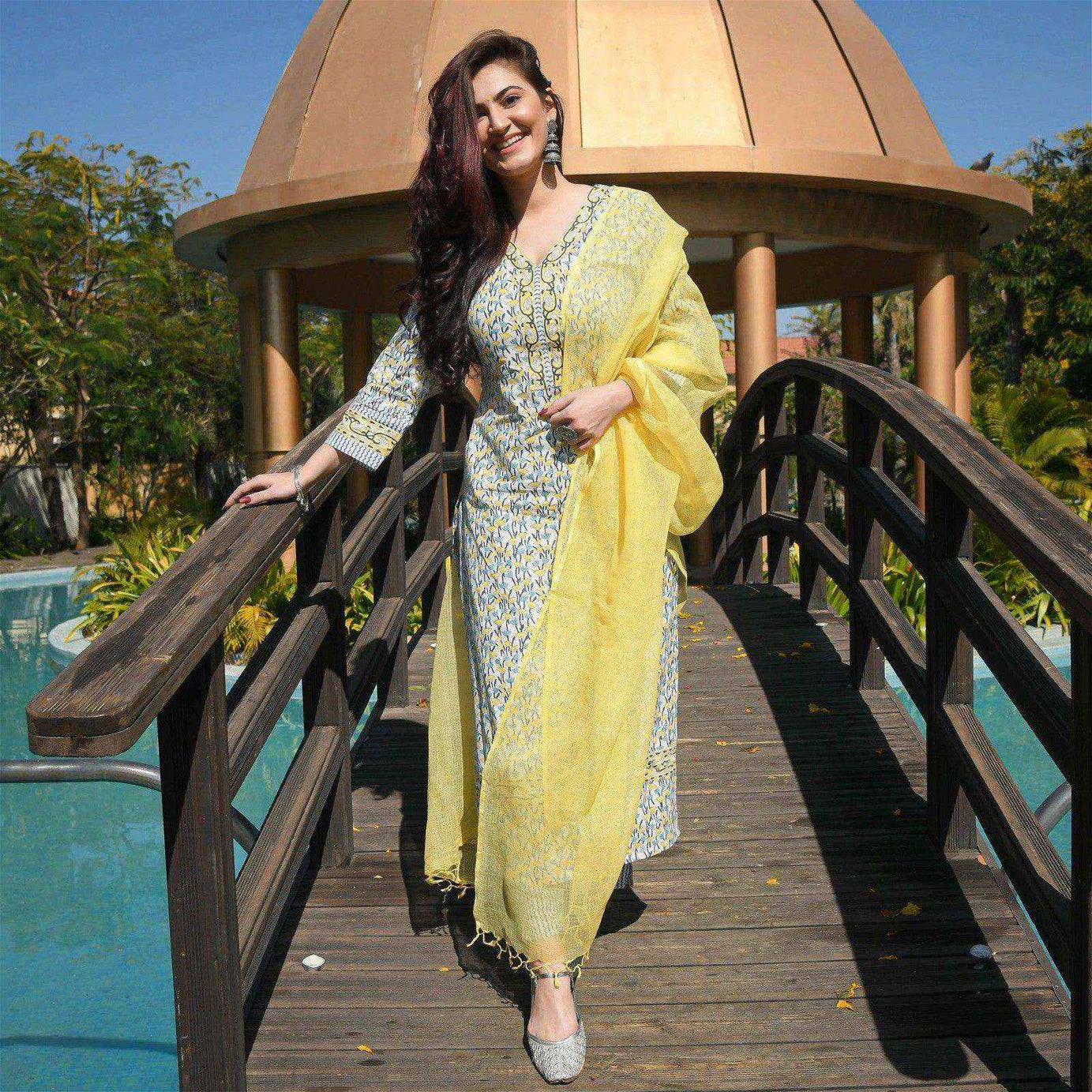 Trendy clothes for women Yellow & White fancy Kurti,Bottom and Dupatta