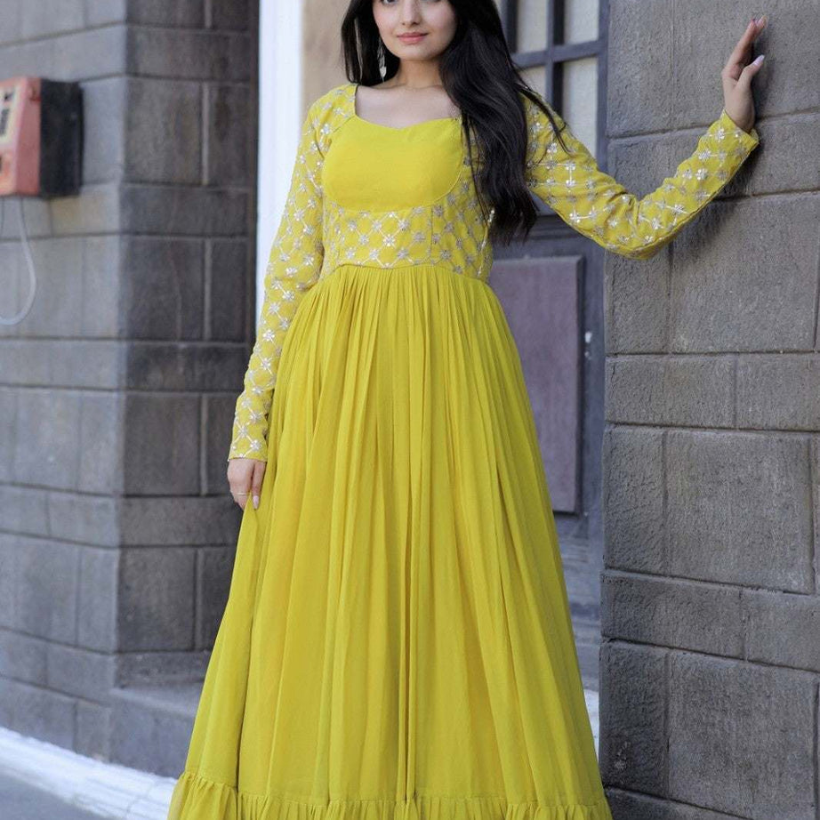 Yellow Faux Blooming Stylish Long Women's Gown - Ample To Buy