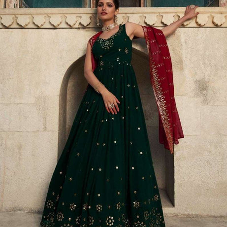 Dark Green Wedding Wear Women's Gown With Stylish Dupatta - Ample To Buy