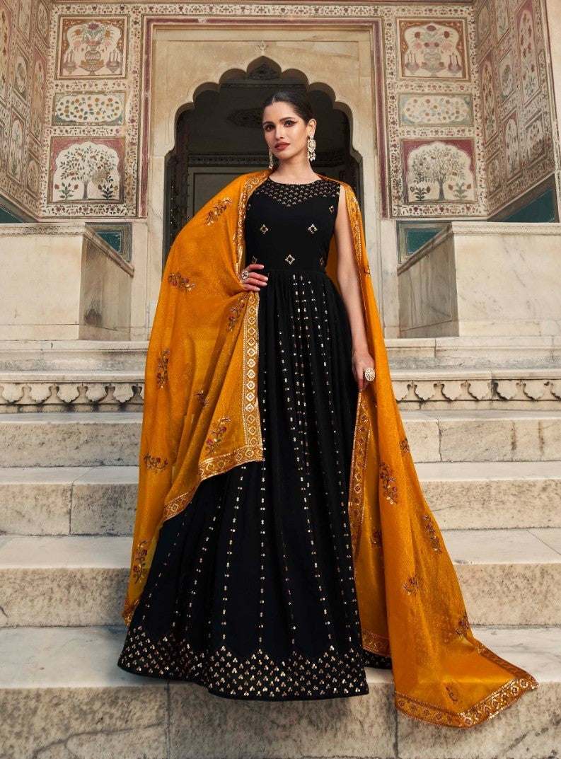 Black Women's Gown With Mustard Yellow Dupatta - Ample To Buy