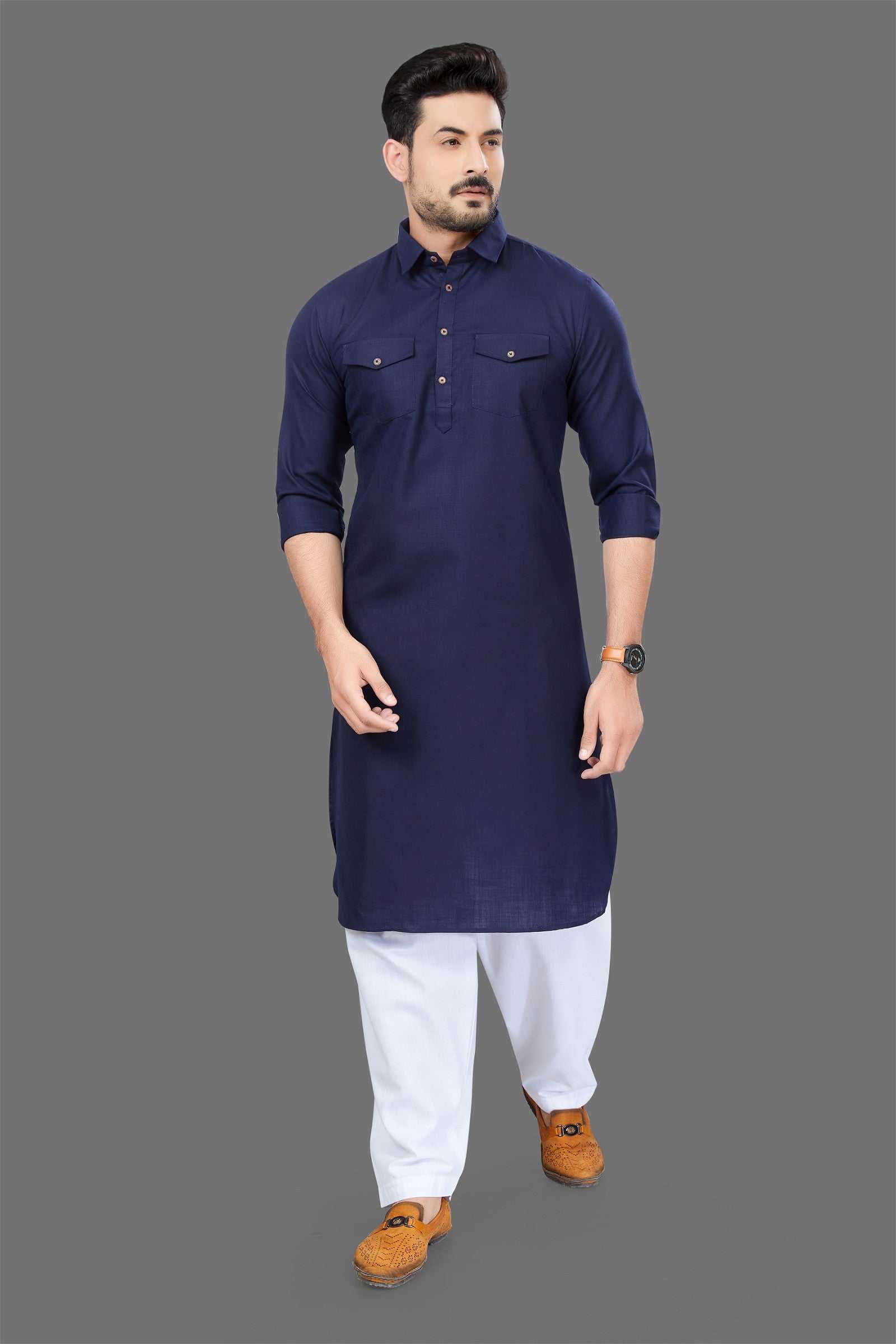 Navy Blue Pathani Kurta Pajama for Men - Elegant and Comfortable Wear. - Ample To Buy