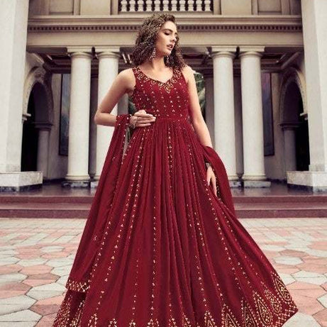 Maroon Wedding Wear Women's Gown With Stylish Dupatta - Ample To Buy