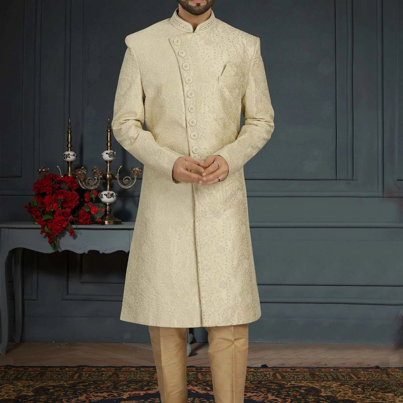 Beige Colour Heavy Look Wedding Sherwani For Men - Ample To Buy