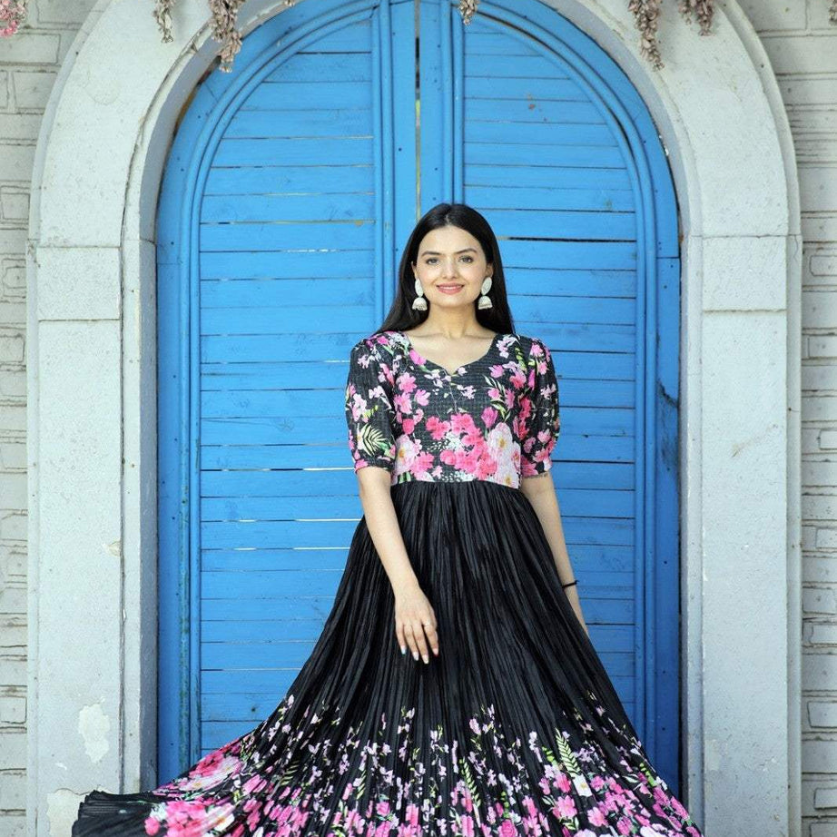 Black Floral Designer Party Wear Full Flared Long Gown - Ample To Buy