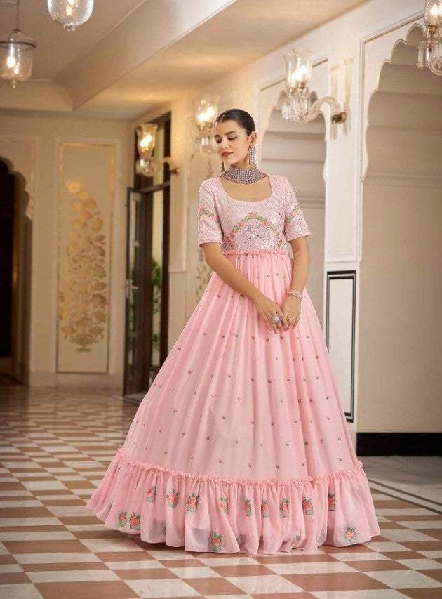 Semi-Stitched Stylish Pink Floral Embroidered Georgette Long Gown - Ample To Buy