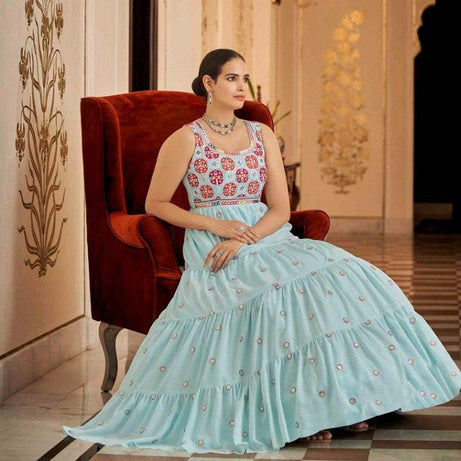 Semi-Stitched Stylish Sky Blue Floral Embroidered Georgette Long Gown - Ample To Buy