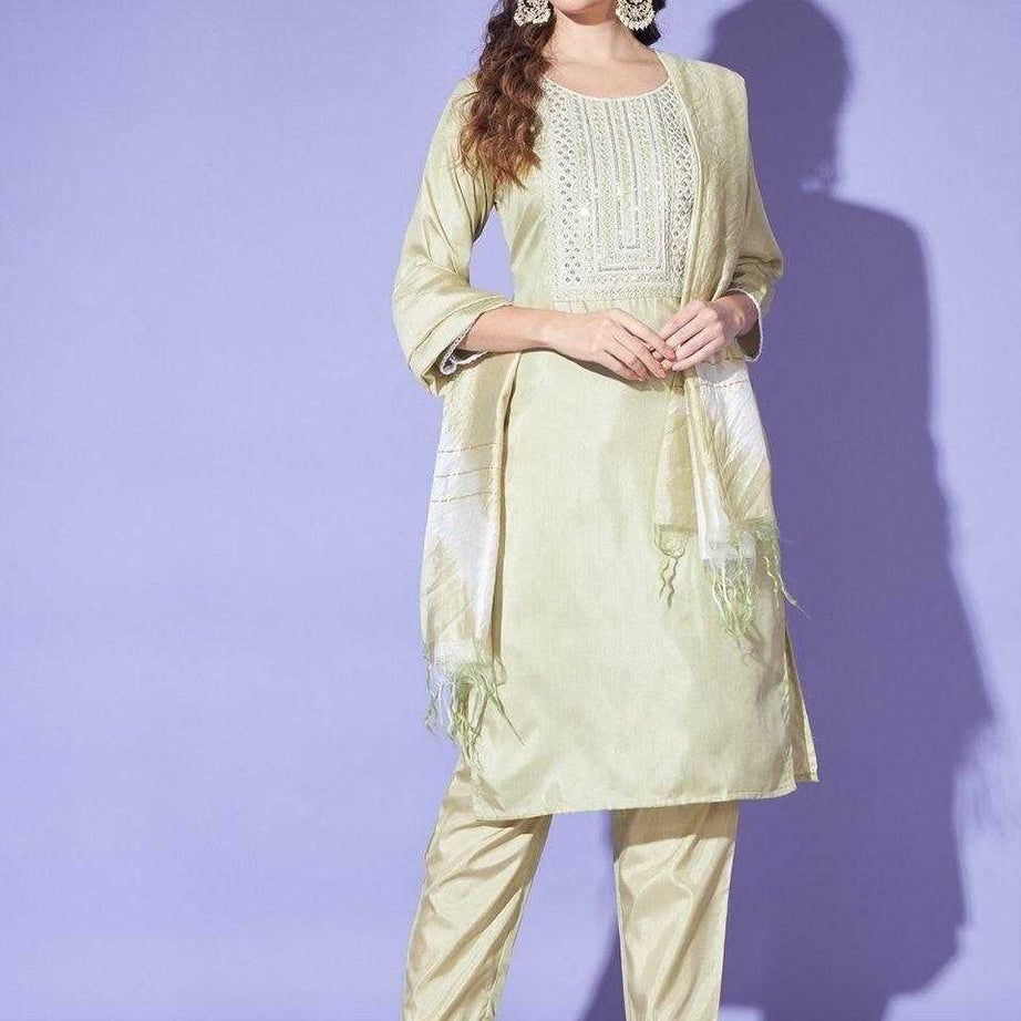 Women's Green Colour South Silk Kurta Pant With Dupatta SetGreen Colour South Silk Kurta Pant