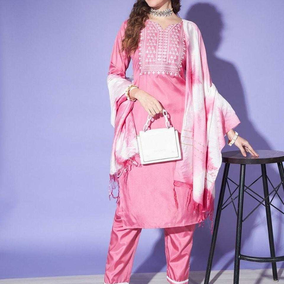 Women's Pink Colour South Silk Kurta Pant With Dupatta SetPink Colour South Silk Kurta Pant