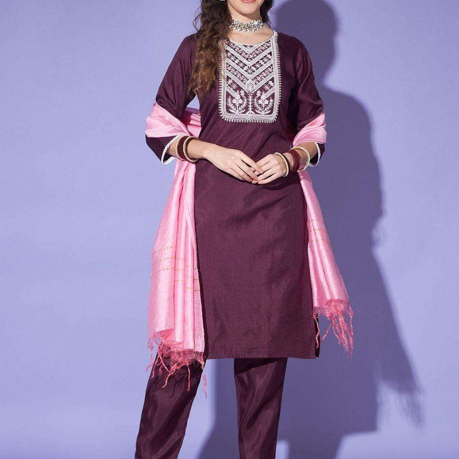 Wine Colour South Silk Kurta Pant With Dupatta Set for every occasion 