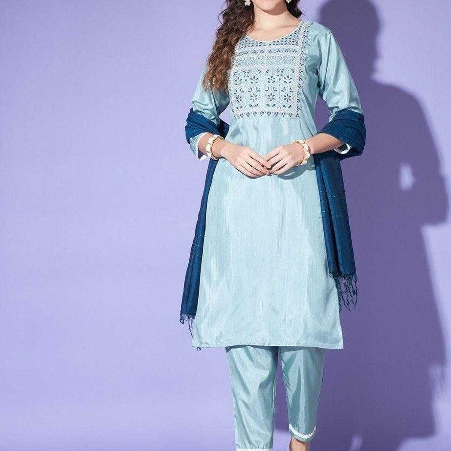 Fashion wear - Women's Blue Colour South Silk Kurta Pant With Dupatta.