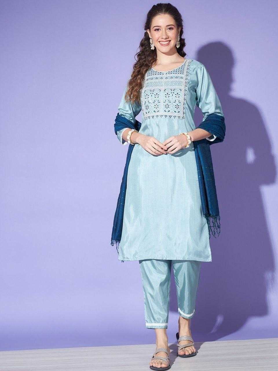 Fashion wear - Women's Blue Colour South Silk Kurta Pant With Dupatta.