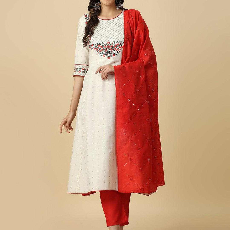 White Colour Pure Cotton Embroidery With Sequins Kurta Pant Dupatta Set For Women's - Ample To Buy