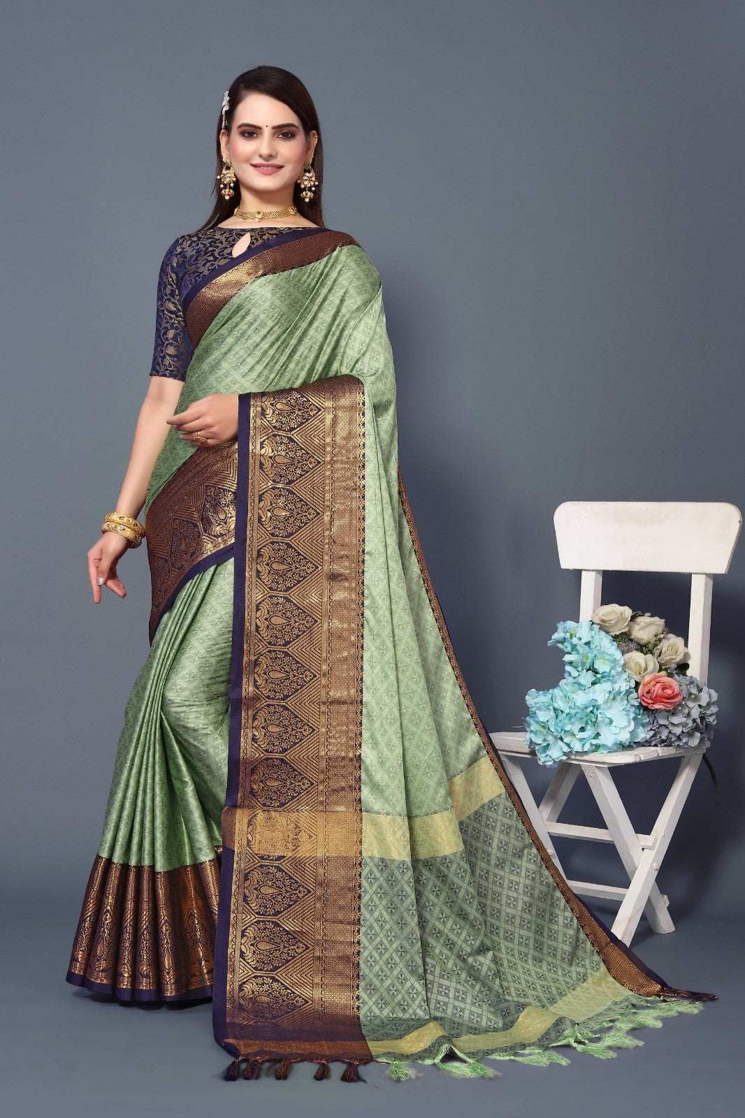 Pista Green Colour Cotton Silk Saree For Women's - Ample To Buy