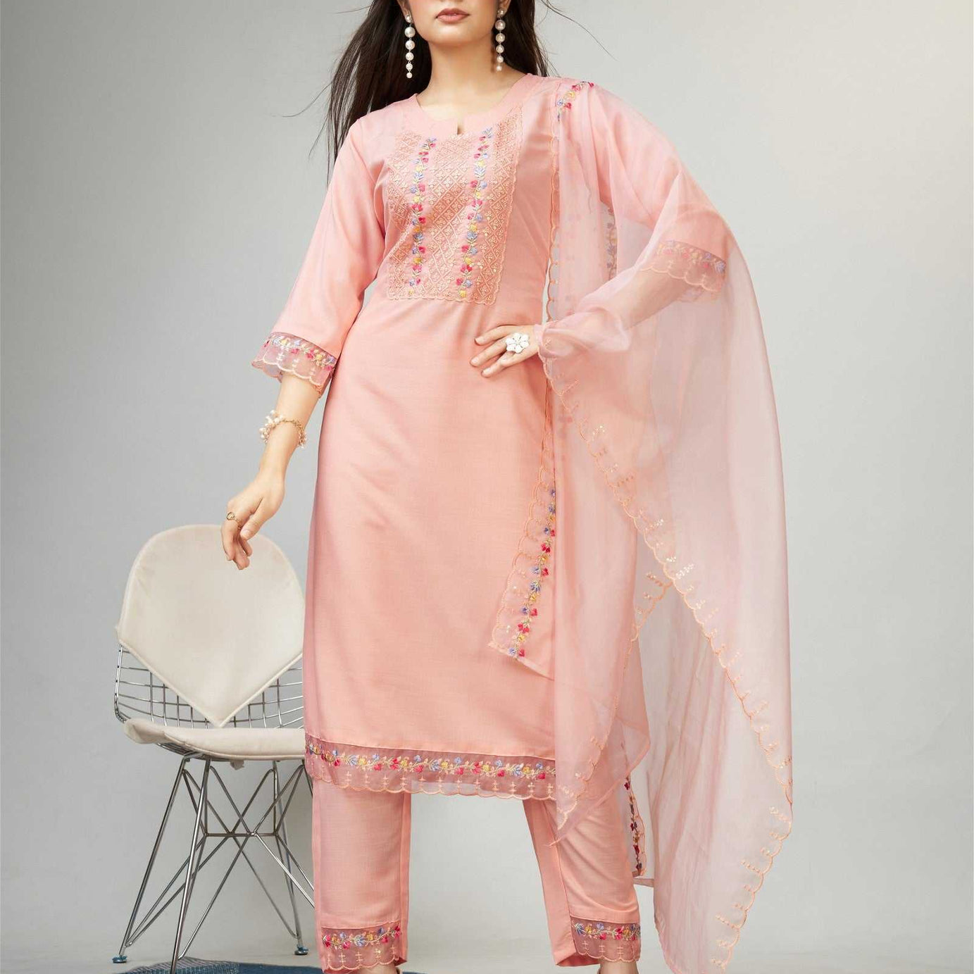 Peach Party Wear Embroidery Worked Kurta With Pant And Duppata Set - Ample To Buy