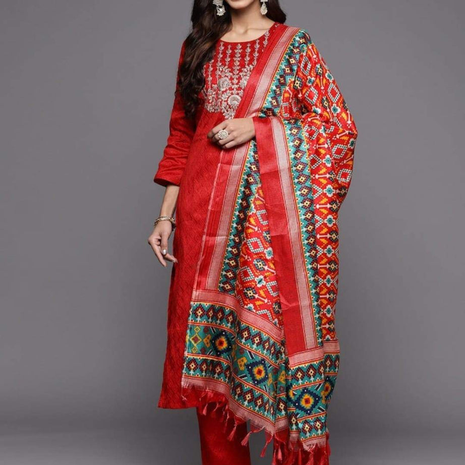 Red Party Wear Embroidery Worked Kurta With Pant And Duppata Set - Ample To Buy