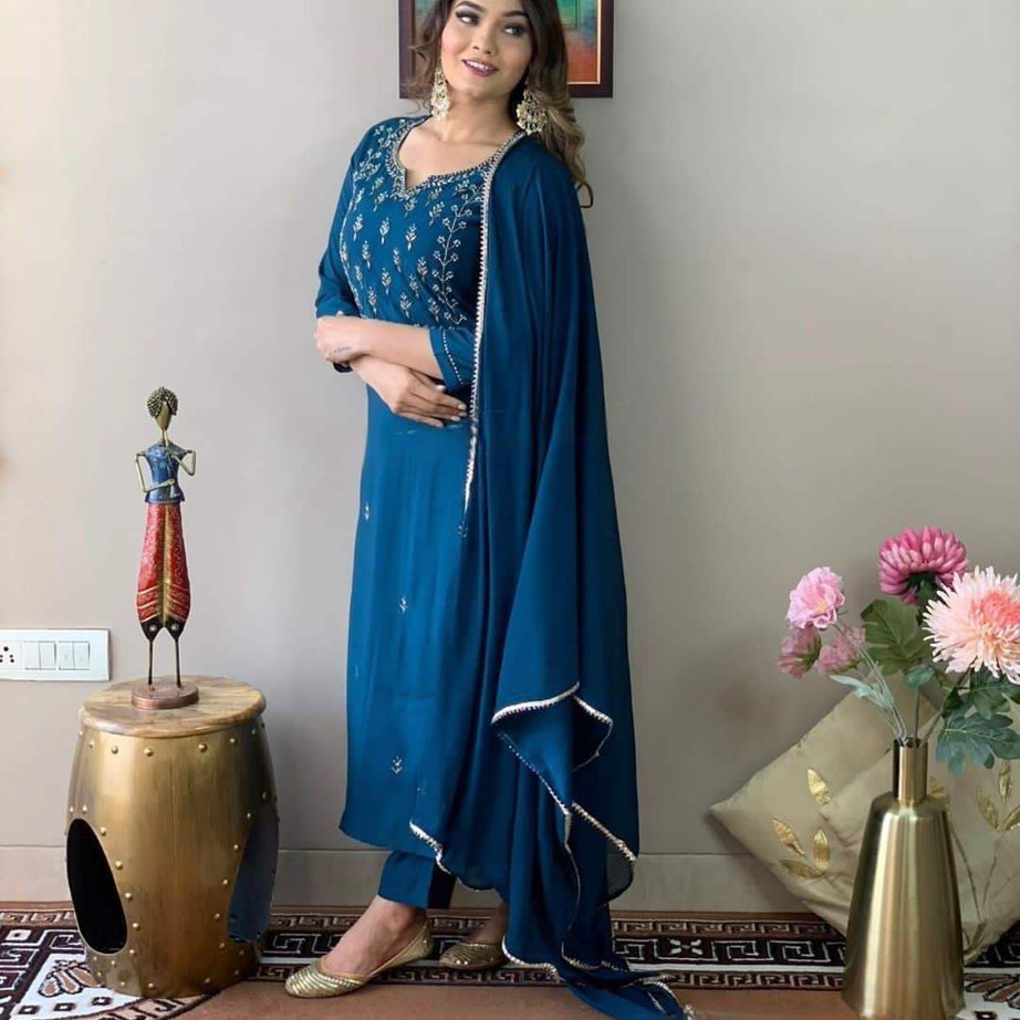 Blue Party Wear Embroidery Worked Kurta With Pant And Duppata Set - Ample To Buy