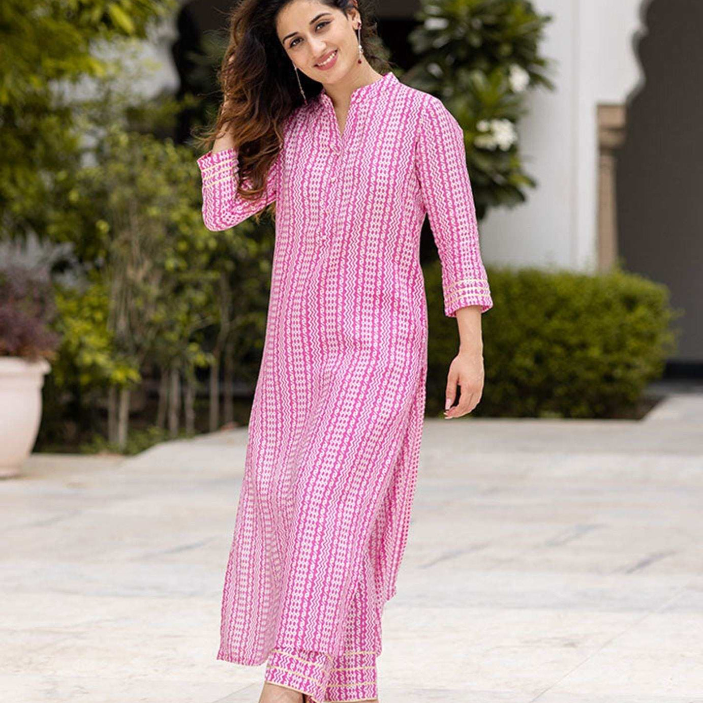 Pink Colour Pure Muslin Readymade Kurti With Bottom Set For Women's - Ample To Buy