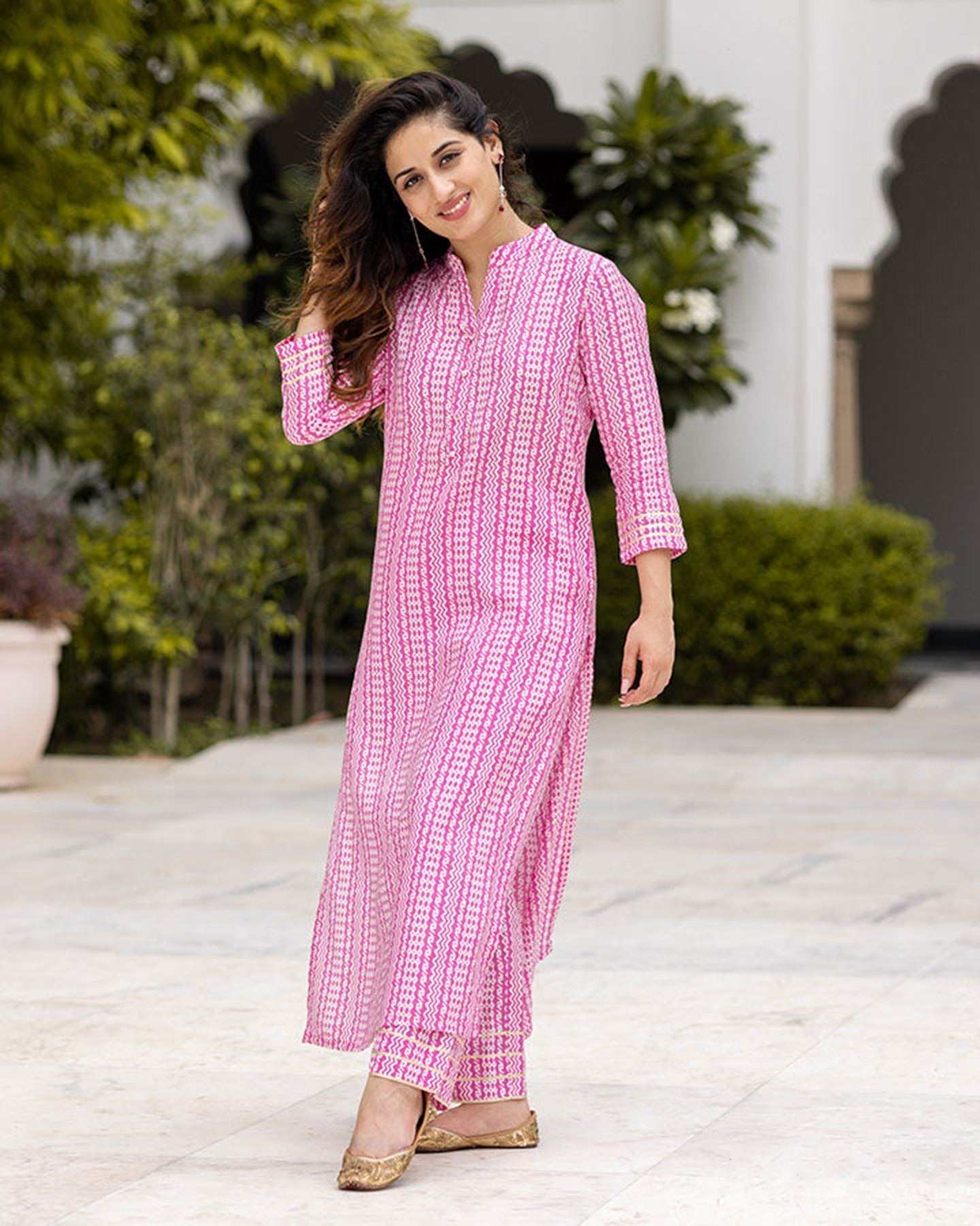 Pink Colour Pure Muslin Readymade Kurti With Bottom Set For Women's - Ample To Buy