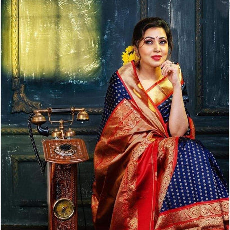 Bule and Red Soft Lichi Silk Saree - Ample To Buy