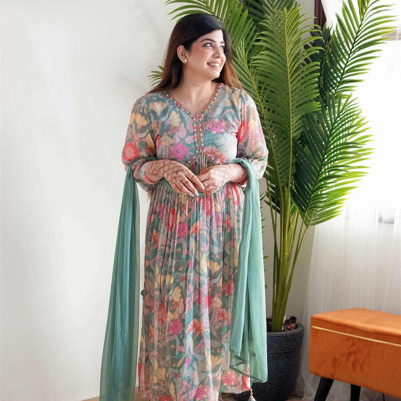 Green Colour Floral Alia Cut Party Wear Embroidery With Mirror Work Kurta With Pant And Duppata Set - Ample To Buy