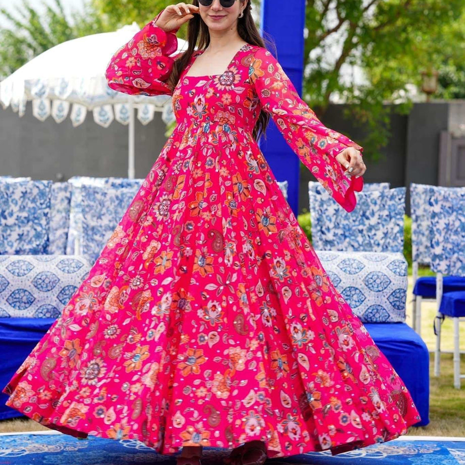 Pink Floral Designer and Stylish Full Flair Gown For Women - Ample To Buy