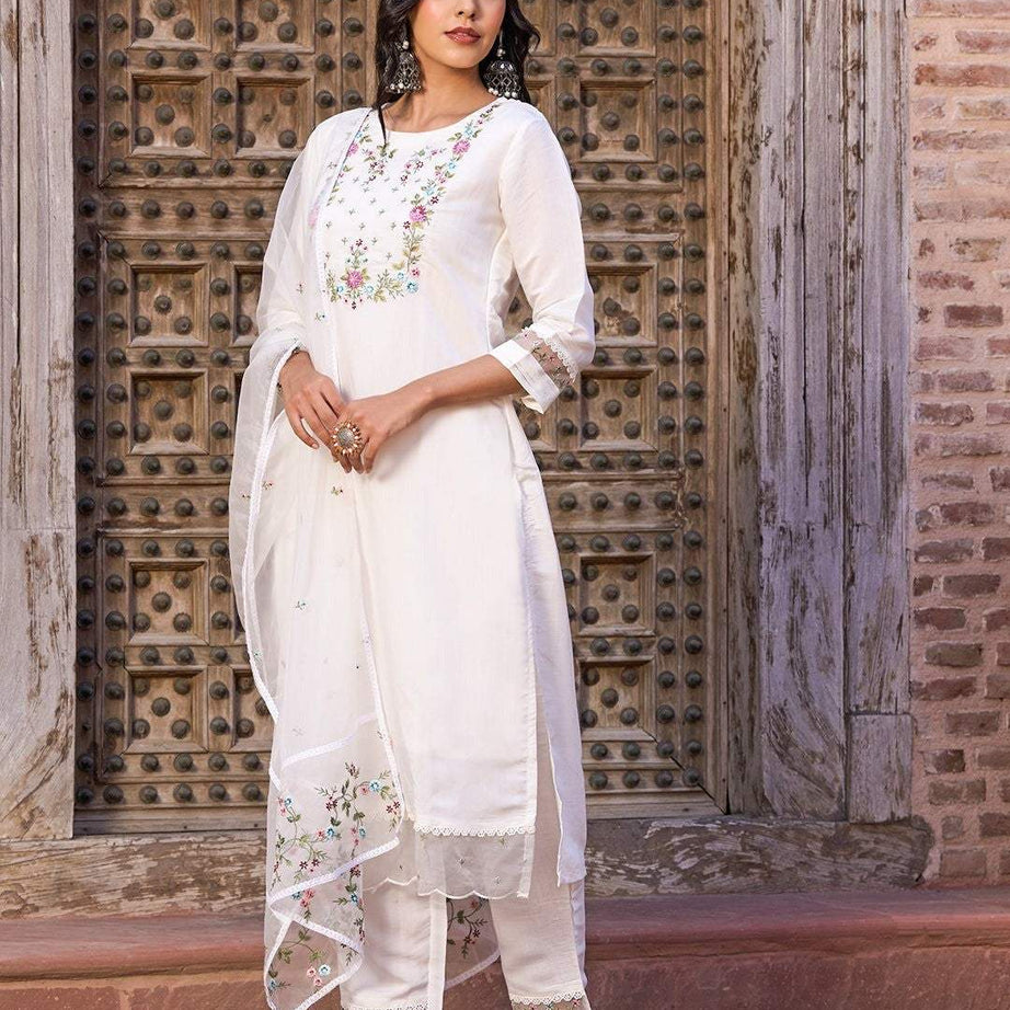 Solid Resham Embroidered kurta with Pants & Resham Embroidered Organza Dupatta - Ample To Buy