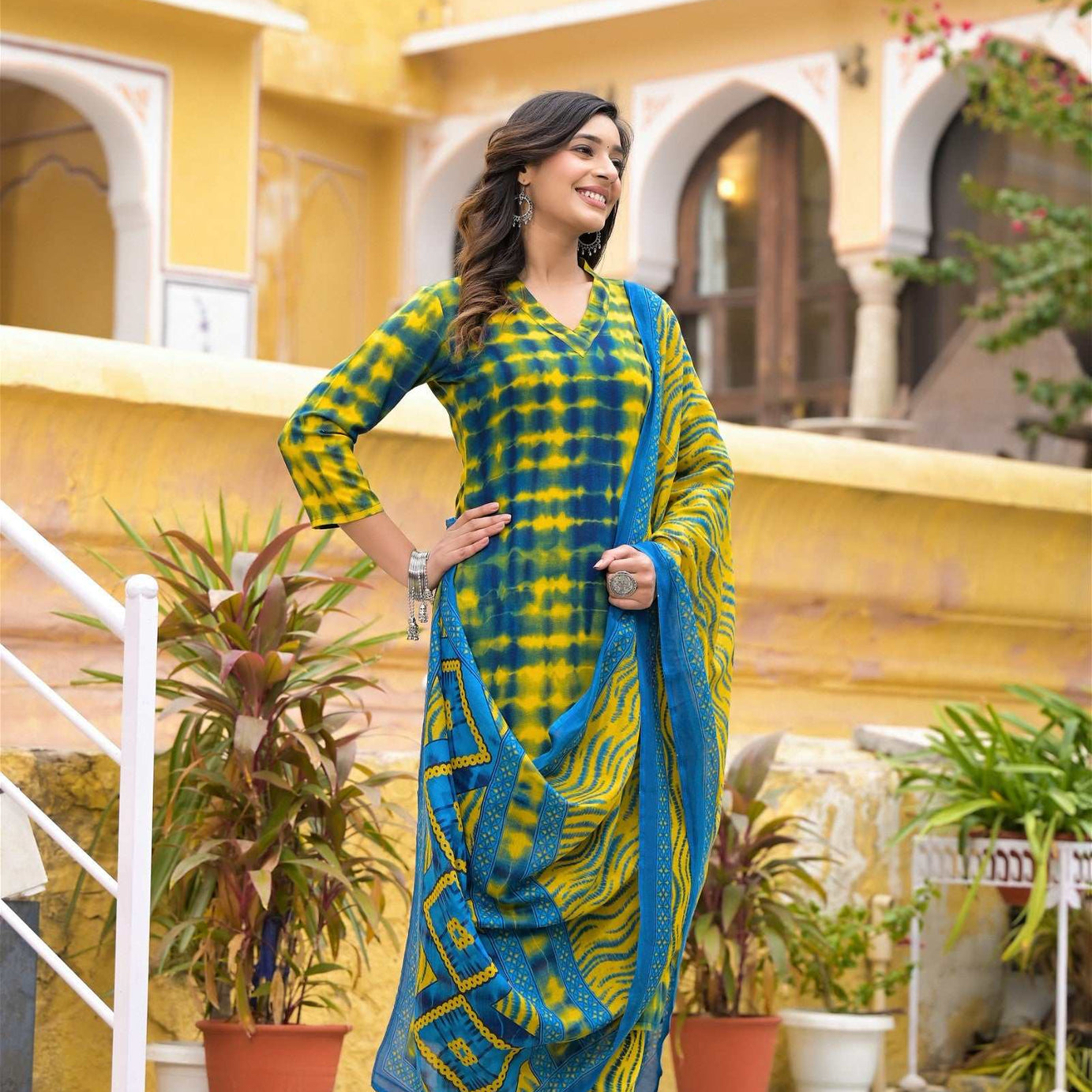 Simple and Beautiful Tie Die Printed Kurta Set with Bottom and Dupatta - Ample To Buy