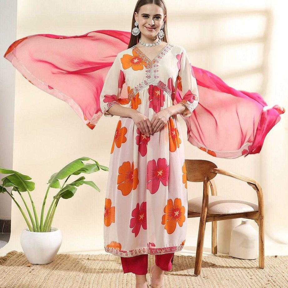 Plus Size Chanderi Flowers Printed Anarkali Kurta