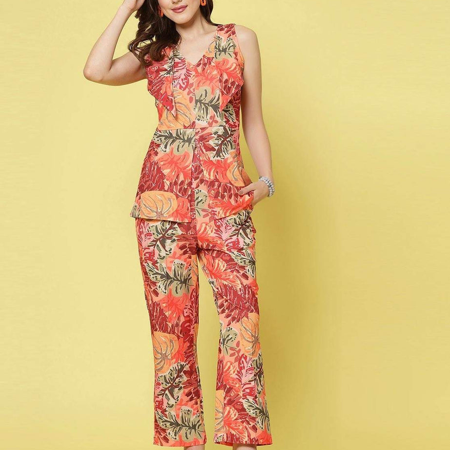 Women Co-ord Set Printed Sleeveless Top and Full Length Trouser Pant - Ample To Buy