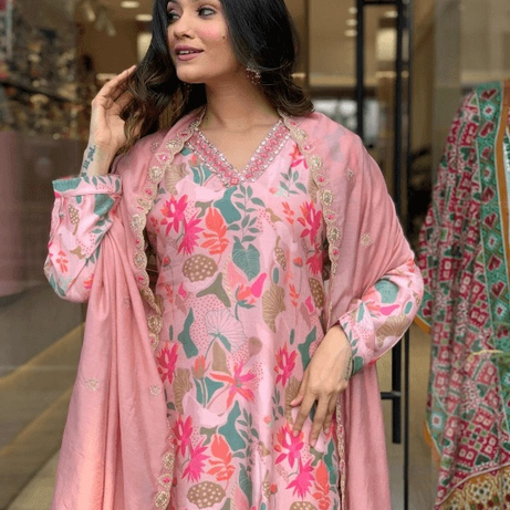 Pink Printed Kurta Set With Chanderi Dupatta With Pant Pair - Ample To Buy