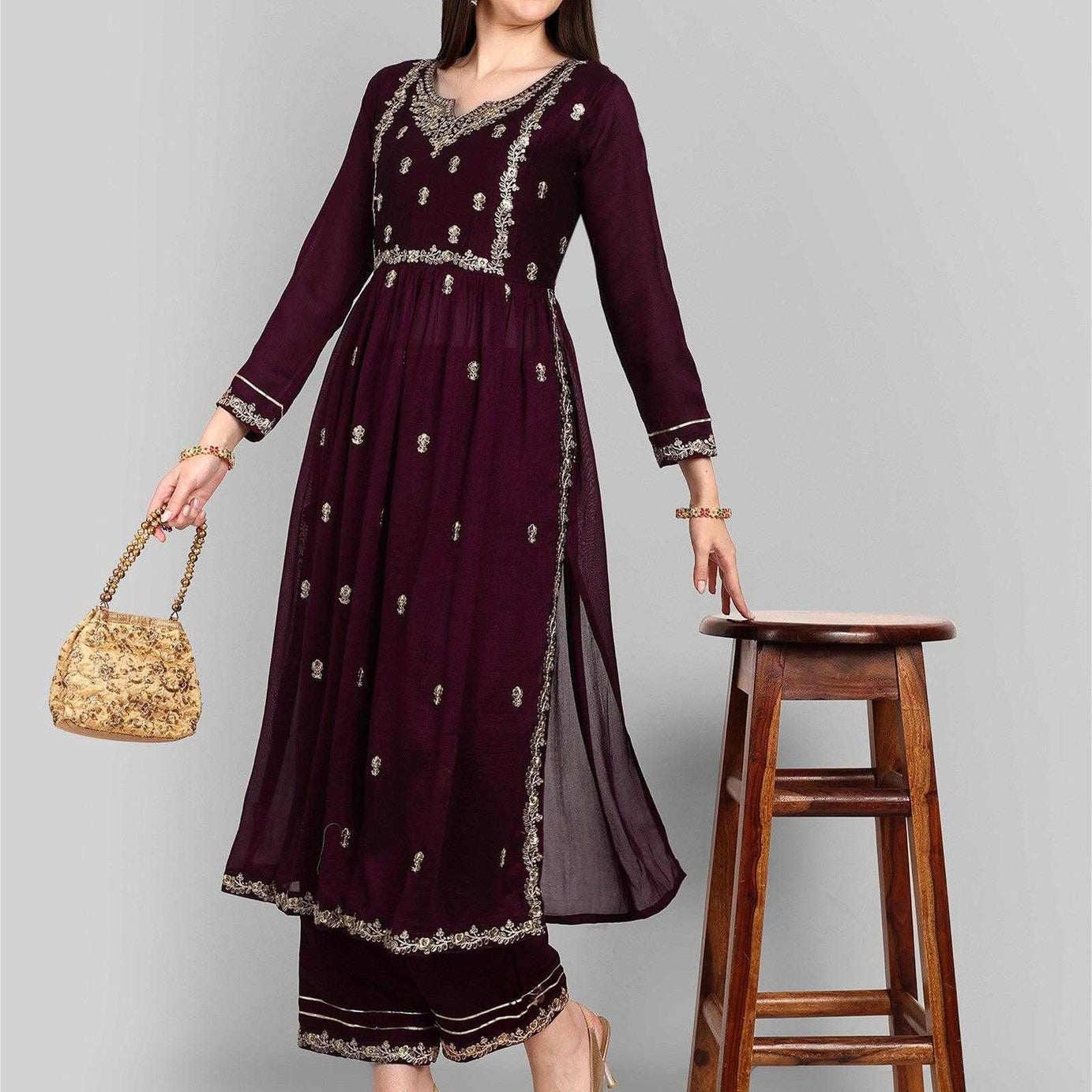 Women Embroidered Vichitra Silk kurta Pant set in Wine Color - Ample To Buy